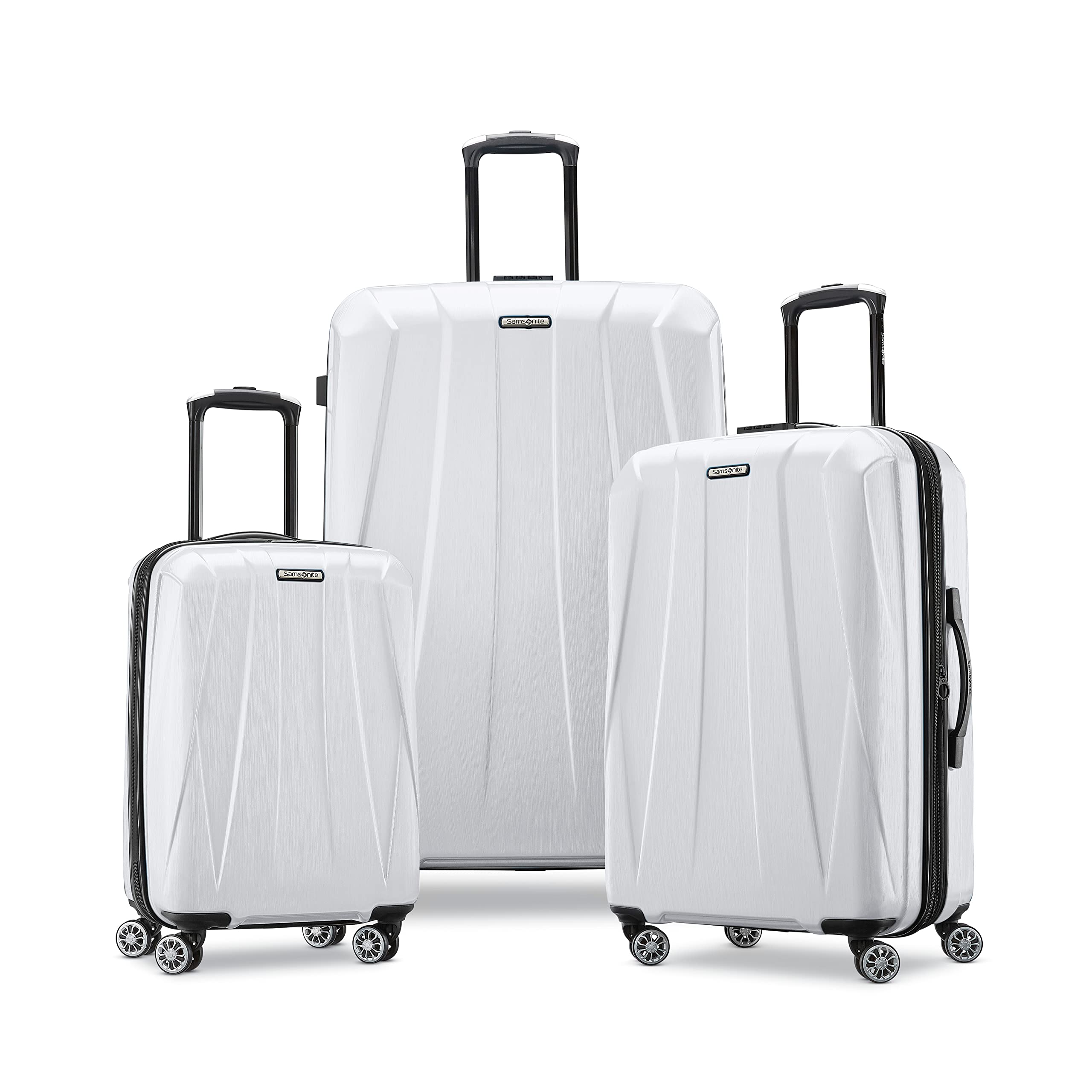 Conjunto de três malas Samsonite brancas sobre fundo branco